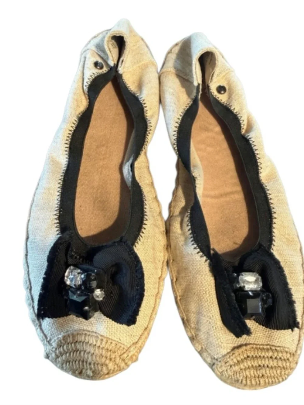 Simply Vera Vera Wang Ethel Espadrille Flats Tan & Black Bow Rhinestone Size 8.5